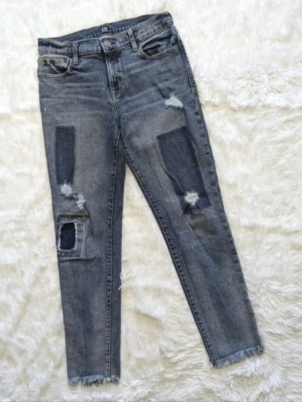 Gap Blue Patchwork Denim Destroyed Frayed Hem True Skinny Mid Rise Jeans 27/4